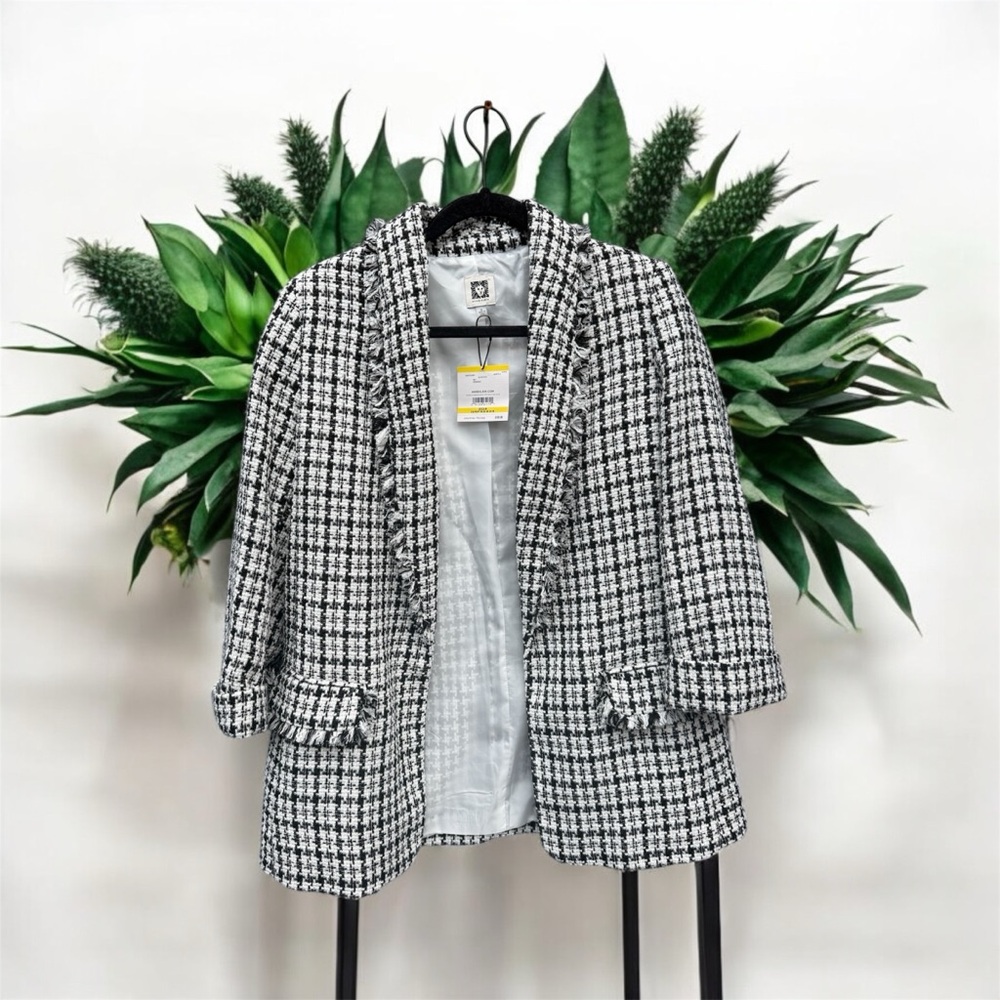 Anne Klein NWT Houndstooth Jacquard Open Front Frayed Hem Blazer Medium